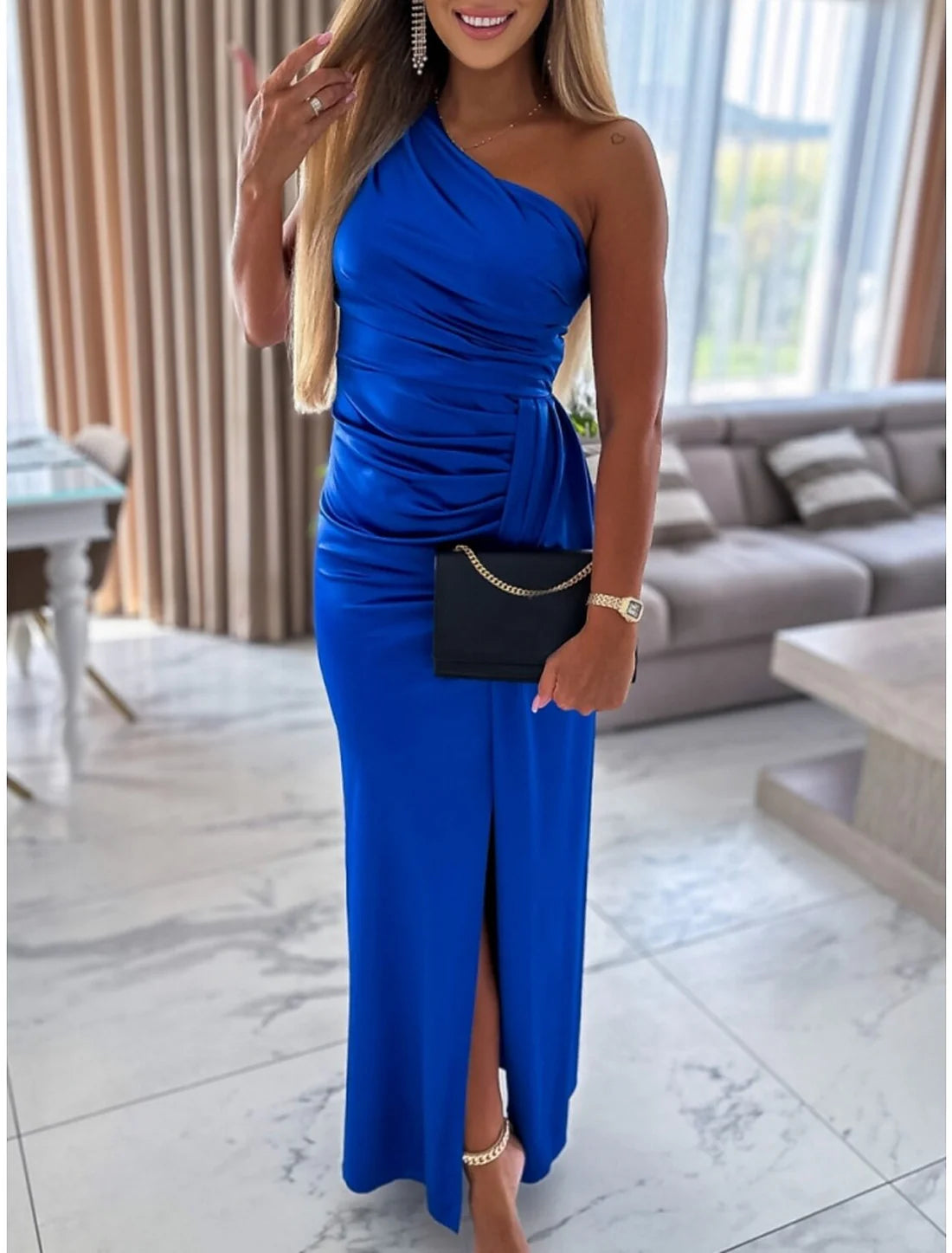 Luolandi Women's Prom Dress Party Dress Satin Dress Long Dress Maxi Dress Blue Sleeveless Pure Color Ruched One Shoulder Party Wedding Guest Evening Dress